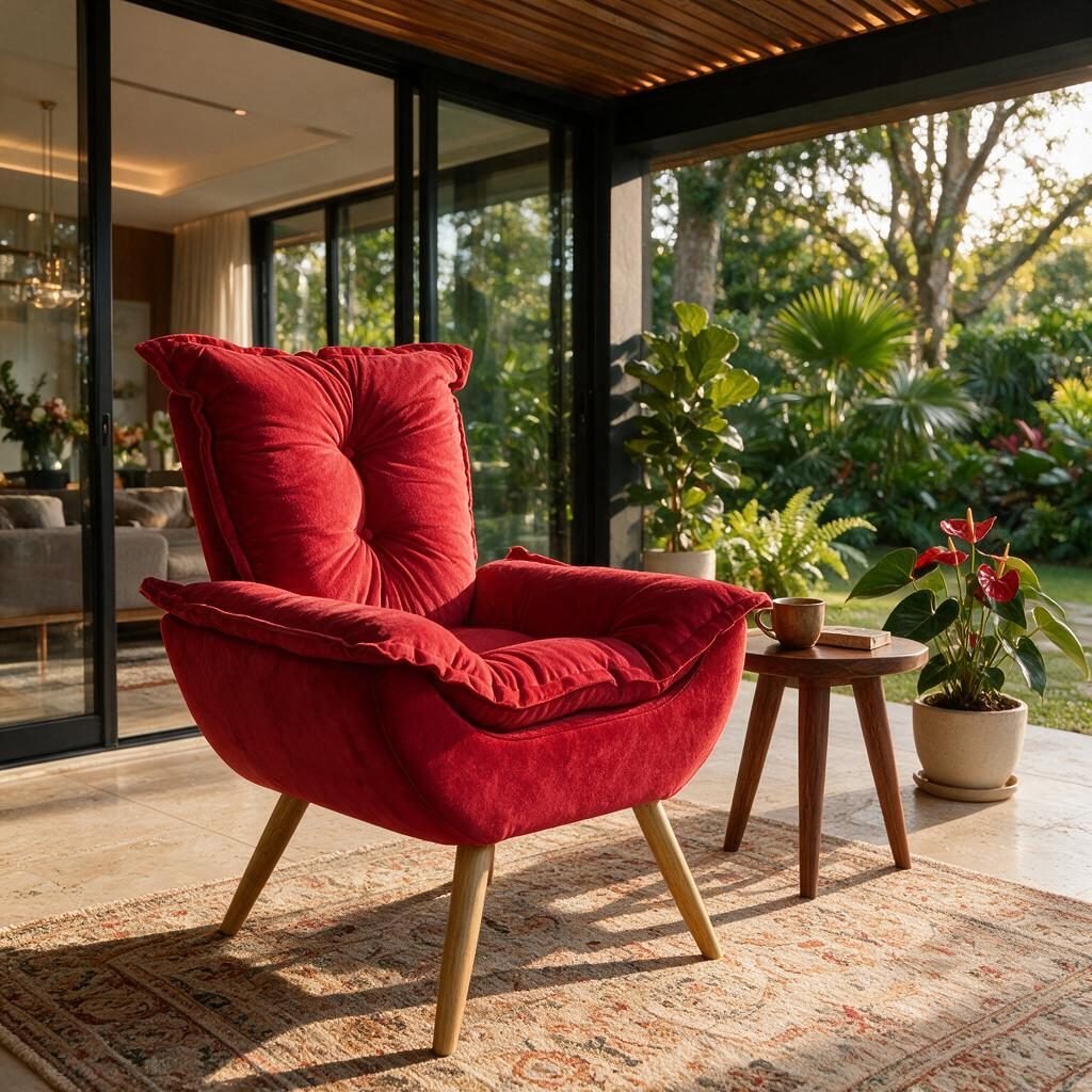 Poltrona Roma em vermelho, com pés em madeira, em varanda com jardim